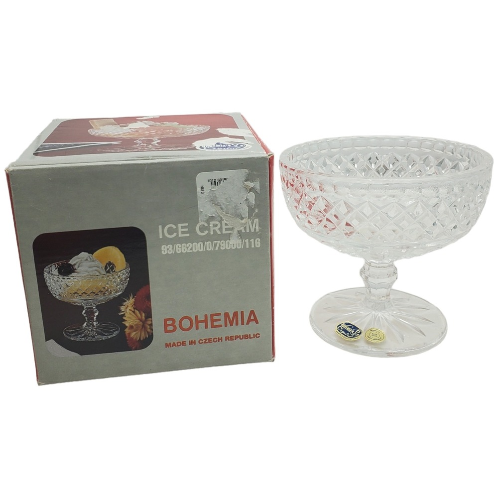 Bohemia Crystal Ice Cream‎ Dessert Bowl Lead Crystal Diamond Pattern